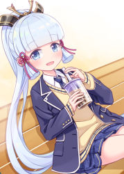 Rule 34 | 1girl, :d, ayaka (genshin impact), bench, black jacket, blue eyes, blue hair, blue necktie, blue skirt, blunt bangs, blush, brown sweater, bubble tea, collared shirt, commentary request, cup, disposable cup, genshin impact, harada (sansei rain), highres, holding, holding cup, jacket, long hair, long sleeves, looking at viewer, necktie, on bench, open clothes, open jacket, open mouth, pleated skirt, ponytail, shirt, sitting, skirt, sleeves past wrists, smile, solo, sweater, very long hair, white shirt