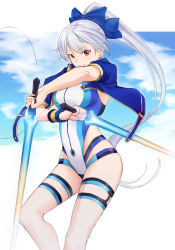 Rule 34 | 1girl, blue bow, blue jacket, blue one-piece swimsuit, blue sky, bow, competition swimsuit, dual wielding, energy sword, fate/grand order, fate (series), hair between eyes, hair bow, highleg, highleg swimsuit, holding, jacket, light blush, long hair, looking at viewer, multicolored clothes, multicolored swimsuit, one-piece swimsuit, red eyes, saruno (eyesonly712), short sleeves, silver hair, sky, smile, solo, swimsuit, sword, thigh strap, tomoe gozen (fate), tomoe gozen (swimsuit saber) (fate), tomoe gozen (swimsuit saber) (first ascension) (fate), very long hair, weapon, white one-piece swimsuit