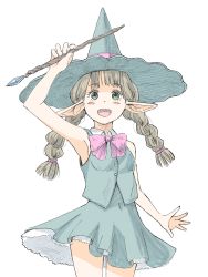 Rule 34 | 1girl, :d, blonde hair, blush, bow, braid, elf, frilled skirt, frills, green eyes, hat, highres, open mouth, original, pointy ears, poranka (porankaran), skirt, sleeveless, smile, solo, twin braids, wand, white background, witch, witch hat