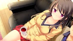 Rule 34 | 1boy, 1girl, blush, breasts, brown hair, cleavage, collarbone, couch, cup, faceless, faceless male, from above, game cg, highres, holding, ichijou aki, long hair, looking at viewer, looking up, melty moment, plaid, plaid skirt, pleated skirt, purple eyes, school uniform, sitting, skirt, smile, solo focus, takayaki