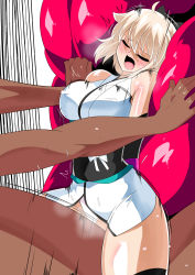 Rule 34 | 1boy, 1girl, absurdres, ahoge, arms behind back, blonde hair, blush, bottomless, bow, breasts, closed eyes, clothing aside, covered erect nipples, dark-skinned male, dark skin, domination, fate/grand order, fate (series), hetero, highres, interracial, japanese clothes, koha-ace, large breasts, legs, legs apart, lying, motion lines, naughty face, netorare, nipples, obi, okita souji (fate), on back, open mouth, panties, panties aside, restrained, sash, sex, spread legs, sweat, thighhighs, underwear, vaginal, warabimochi, white panties, wide hips