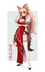 Rule 34 | animal ear fluff, animal ears, bad id, bad pixiv id, black footwear, blonde hair, blue background, blush, breasts, bright pupils, china dress, chinese clothes, cleavage, closed eyes, closed mouth, commission, crossed arms, dress, dungeon and fighter, ellin meiji, fighter (dungeon and fighter), fox ears, fox girl, fox tail, full body, high heels, high ponytail, korean text, large breasts, long hair, looking away, looking to the side, micat, neck ribbon, pelvic curtain, red dress, red eyes, red ribbon, ribbon, sidelocks, skindentation, sparkle, standing, striker (dungeon and fighter), tail, thigh strap, thighhighs, translated, two-tone background, v-shaped eyebrows, very long hair, white background, white legwear