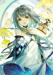 Rule 34 | 1girl, absurdres, bare shoulders, bell, black sleeves, commentary request, cowboy shot, detached sleeves, dress, genshin impact, grey eyes, grey hair, guizhong (genshin impact), hair ornament, highres, long hair, looking at viewer, mumian doufu, open mouth, sleeveless, sleeveless dress, sleeves past fingers, sleeves past wrists, smile, solo, teeth, two-tone sleeves, upper teeth only, white dress, white sleeves, wide sleeves