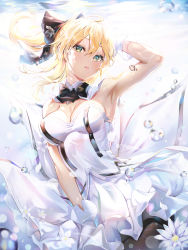 Rule 34 | 1girl, ahoge, armor, armored dress, armpits, artoria pendragon (all), artoria pendragon (fate), bare shoulders, black pantyhose, blonde hair, bow, breasts, cleavage, detached collar, detached sleeves, dress, fate/grand order, fate/unlimited codes, fate (series), floating hair, flower, gloves, green eyes, hair between eyes, hair bow, hair ribbon, lily (flower), long hair, looking at viewer, medium breasts, narae, open mouth, pantyhose, ponytail, ribbon, saber lily, sidelocks, smile, solo, strapless, strapless dress, white dress, white gloves
