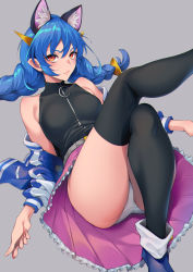 Rule 34 | 1girl, animal ear fluff, animal ears, ankle boots, ass, black thighhighs, blue hair, boots, braid, breasts, brown eyes, cat ears, closed mouth, covered collarbone, frilled skirt, frills, grey background, hair ornament, highres, jacket, light smile, lips, long hair, looking at viewer, medium breasts, off shoulder, open clothes, open jacket, panties, pleated skirt, pointy ears, precure, simple background, skirt, sleeveless, smile, solo, star twinkle precure, sugarbeat, thighhighs, thighs, twin braids, underwear, white panties, yuni (precure)