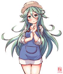 Rule 34 | 1girl, alternate costume, artist logo, blouse, commentary request, cowboy shot, dated, dress, green eyes, green hair, hair between eyes, hair flaps, hair ornament, hairclip, hat, highres, kanon (kurogane knights), kantai collection, long hair, long sleeves, looking at viewer, overall skirt, overalls, pinafore dress, ponytail, shirt, simple background, sleeveless dress, solo, sun hat, white background, white shirt, yamakaze (kancolle)