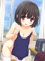 Rule 34 | 1girl, aoi akua, bag, blue one-piece swimsuit, blue sky, blush, breasts, brown hair, chair, classroom, cleavage, collarbone, curtains, day, desk, flower, groin, hair flower, hair ornament, hands up, holding, holding clothes, holding swimsuit, indoors, leaning forward, looking at viewer, medium breasts, nude, one-piece swimsuit, open mouth, original, plaid, plaid skirt, pleated skirt, red eyes, red skirt, school bag, school chair, school desk, school swimsuit, short hair, skirt, sky, smile, solo, standing, straight hair, swimsuit, thighhighs, unworn clothes, unworn skirt, white thighhighs, window