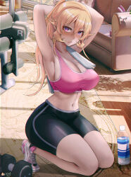 Rule 34 | armpits, arms behind head, artist name, bike shorts, black shorts, blonde hair, blush, bottle, breasts, cleavage, closed mouth, commentary, commission, couch, crossed bangs, dawapat, dumbbell, english commentary, exercise machine, hair between eyes, indoors, kneeling, large breasts, long hair, looking at viewer, mole, mole on breast, nakiri erina, navel, paid reward available, pink sports bra, purple eyes, shoes, shokugeki no souma, shorts, sneakers, sports bra, towel on one shoulder, variant set, water bottle