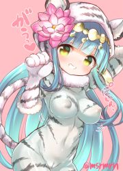 Rule 34 | 1girl, :d, animal costume, animal hood, animal print, bad id, bad pixiv id, blue hair, blunt bangs, blush, bouncing breasts, breasts, cameltoe, commentary request, cosplay, covered erect nipples, covered navel, flower, green eyes, grin, hair flower, hair ornament, headdress, heart, hood, hood up, jewelry, kigurumi, long hair, looking at viewer, lotus, mashiro miru, medium breasts, open mouth, parvati (p&amp;d), pink background, pink flower, puzzle &amp; dragons, simple background, smile, solo, tail, tiger costume, tiger hood, tiger print, tiger tail, translation request, twitter username, very long hair, white tiger print