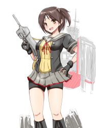 Rule 34 | 1girl, adapted turret, bike shorts, black gloves, black hair, black jacket, brown eyes, cannon, commentary request, cosplay, gloves, grey sailor collar, grey skirt, headband, highres, jacket, kantai collection, kinu (kancolle), kinu (kancolle) (cosplay), looking at viewer, machinery, nagara (kancolle), neck ribbon, one side up, partially fingerless gloves, red ribbon, ribbon, sailor collar, school uniform, serafuku, shamo (ptwmjgda), short hair, short sleeves, shorts, shorts under skirt, simple background, skirt, solo, standing, turret, white background