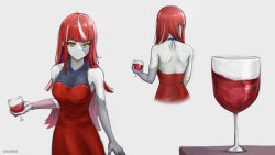 Rule 34 | 1girl, absurdres, alcohol, artist name, back, backless dress, backless outfit, bare shoulders, breasts, colored skin, cowboy shot, cup, dress, drinking glass, green eyes, grey skin, heterochromia, highres, hololive, hololive indonesia, holoro, kureiji ollie, light smile, long hair, medium breasts, red dress, red hair, shoulder blades, smile, solo, vikar, virtual youtuber, white background, wine, wine glass, yellow eyes