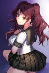 Rule 34 | 1girl, black sailor collar, black skirt, breasts, brown eyes, brown hair, commentary request, earrings, highres, jewelry, kujikawa rise, large breasts, long hair, looking at viewer, neckerchief, on one knee, persona, persona 4, pleated skirt, sailor collar, school uniform, shirt, short sleeves, skirt, smile, solo, swept bangs, twintails, white shirt, yaoto, yasogami school uniform, yellow neckerchief