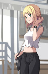 Rule 34 | 1girl, bag, black pants, blonde hair, blurry, blurry background, blush, breasts, collarbone, copyright request, crop top, depth of field, earrings, green eyes, hand up, jewelry, midriff, navel, pants, parted lips, railing, saiste, shoulder bag, small breasts, smile, solo, tank top, watch, white tank top, wristwatch