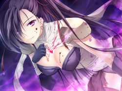 1girl, akira (139931), armor, assassin (ragnarok online), bandage, bangs, black gloves, black hair, blood, blood on breasts, blood on face, breasts, cape, cleavage, closed mouth, commentary, cowboy shot, dutch angle, earrings, elbow gloves, fingerless gloves, gloves, hair over one eye, hair pulled back, jewelry, large breasts, long hair, looking at viewer, pauldrons, purple cape, purple eyes, purple legwear, purple shirt, ragnarok online, shirt, shoulder armor, smile, solo, thighhighs, tied hair, torn cape, torn clothes, very long hair, waist cape