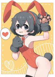 Rule 34 | 1girl, animal ears, animal hands, bare shoulders, black hair, black thighhighs, blue eyes, blush, bow, bowtie, commentary request, cowboy shot, detached collar, fake animal ears, flying sweatdrops, gloves, heart, highres, kaban (kemono friends), kemono friends, leotard, no headwear, orange background, paw gloves, rabbit ears, rabbit tail, ransusan, red bow, red bowtie, red leotard, short hair, simple background, sleeveless, solo, spoken heart, strapless, strapless leotard, sweat, tail, thighhighs