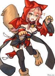 Rule 34 | 1girl, absurdres, animal ears, bell, black thighhighs, breasts, cleavage, collar, fangs, fate/grand order, fate (series), fox ears, fox tail, highres, hood, japanese clothes, katoroku, large breasts, long hair, looking at viewer, musical note, neck bell, open mouth, pink hair, simple background, solo, tail, tamamo (fate), tamamo cat (fate), tamamo cat (first ascension) (fate), tamamo no mae (fate/extra), thighhighs, white background, yellow eyes