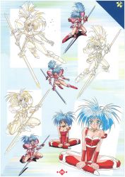 Rule 34 | 1990s (style), 1girl, armor, blue eyes, blue hair, bracer, breasts, choker, cleavage, corque lans, double-blade, faussete amour, highres, holding, holding weapon, indian style, leotard, light blue hair, lineart, long hair, looking at viewer, makino ryuuichi, multiple views, official art, page number, retro artstyle, scan, side ponytail, sitting, smile, strap slip, weapon, wince