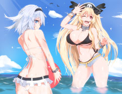 Rule 34 | 2girls, anne bonny (fate), anne bonny (fate/grand order), anne bonny (swimsuit archer) (fate), anne bonny (swimsuit archer) (first ascension) (fate), ass, back, bare shoulders, beach volleyball, bikini, black bikini, black headwear, blue eyes, breasts, butt crack, cloud, cloudy sky, collar, fate/grand order, fate (series), hat, highres, in water, large breasts, long hair, mary read (fate), mary read (fate/grand order), mary read (swimsuit archer) (fate), mary read (swimsuit archer) (first ascension) (fate), multiple girls, one eye closed, outdoors, pirate, pirate hat, red eyes, scar, scar on arm, scar on face, shiwabuki (guillotine devil), short hair, short shorts, shorts, silver hair, skull and crossbones, sky, swimsuit, very long hair, wading, wet, white bikini