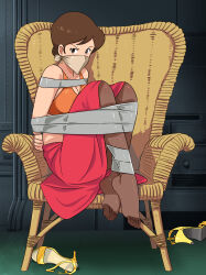 Rule 34 | absurdres, bdsm, bondage, bound, breasts, brown eyes, brown hair, cleavage, cloth gag, gag, gagged, highres, improvised gag, lupin iii, medium breasts, mine fujiko, ost one zero, over the nose gag, tape, tape bondage