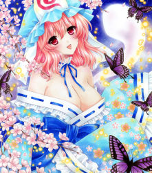 Rule 34 | 1girl, 6kusa, acrylic paint (medium), arm ribbon, bad id, bad pixiv id, bare shoulders, blue dress, breasts, bug, butterfly, cherry blossoms, cleavage, dress, female focus, floral print, ghost, hat, bug, japanese clothes, large breasts, marker (medium), off shoulder, open mouth, painting (medium), pink eyes, pink hair, ribbon, saigyouji yuyuko, sash, short hair, smile, solo, touhou, traditional media, twig, veil