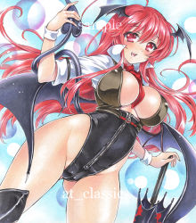 Rule 34 | 1girl, ahoge, artist name, at classics, between breasts, black thighhighs, black wings, blush, breasts, cameltoe, cleft of venus, covered erect nipples, cowboy shot, demon girl, demon tail, demon wings, gluteal fold, hair between eyes, head wings, holding tail, koakuma, large breasts, long hair, looking at viewer, necktie, necktie between breasts, open mouth, parasol, red eyes, red hair, red necktie, sample watermark, short sleeves, sidelocks, solo, tail, thighhighs, touhou, traditional media, umbrella, watermark, wings, wristband