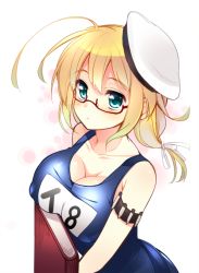 Rule 34 | 10s, 1girl, bare shoulders, blonde hair, blue eyes, blush, breasts, cleavage, covered erect nipples, female focus, glasses, hat, i-8 (kancolle), kantai collection, large breasts, long hair, one-piece swimsuit, school swimsuit, shirogane rio (artist), solo, swimsuit, twintails