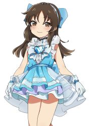 Rule 34 | absurdres, back bow, blue bow, blue dress, bow, brooch, brown eyes, brown hair, cowboy shot, dress, dress bow, gloves, hair bow, hairband, heart, heart brooch, highres, huge bow, idol, idolmaster, idolmaster cinderella girls, idolmaster cinderella girls u149, jewelry, layered dress, legs together, long hair, looking at viewer, medium dress, merlt, multicolored clothes, multicolored dress, see-through, sidelocks, smile, solo, standing, straight hair, tachibana arisu, white background, white dress, white gloves, white hairband, white sleeves, wrist straps