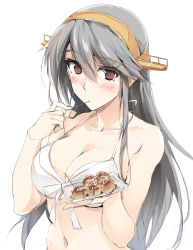 Rule 34 | 1girl, bikini, blush, breasts, brown eyes, cleavage, collarbone, cropped torso, food, grey hair, hair between eyes, haruna (kancolle), hat, holding, holding food, kantai collection, large breasts, long hair, looking at viewer, navel, simple background, solo, swept bangs, swimsuit, takoyaki, upper body, white background, white bikini, zekkyon