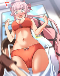 Rule 34 | 1boy, 1girl, ^^^, absurdres, alternate costume, assisted exposure, bra, brown eyes, cameltoe, commentary request, commission, cowboy shot, dress, from below, hair flaps, hair ribbon, highres, kantai collection, long hair, motion blur, orange bra, orange panties, panties, pink eyes, pixiv commission, ribbon, sleeveless, sleeveless dress, solo focus, train interior, underwear, undressing, very long hair, w arms, white dress, yura (kancolle), zanntetu
