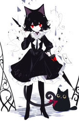 Rule 34 | 1girl, animal ears, artist name, black choker, black dress, black hair, black headwear, cat ears, choker, closed umbrella, commentary, dress, full body, hand up, high heels, highres, long sleeves, looking at viewer, nail polish, original, petticoat, red eyes, red nails, sheya, short hair, signature, solo, standing, symbol-only commentary, umbrella, white background