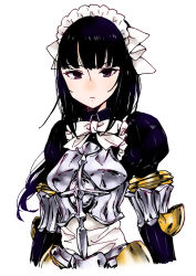 Rule 34 | 1girl, armor, black eyes, black hair, breastplate, closed mouth, commentary request, dress, katou haruaki, long hair, looking at viewer, maid, maid headdress, narberal gamma, overlord (maruyama), simple background, solo, upper body, white background