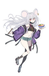 Rule 34 | 1girl, absurdres, animal ears, asymmetrical legwear, bare legs, bare shoulders, black shirt, black socks, black thighhighs, bowl, brown eyes, character request, chinese commentary, chopsticks, commentary request, copyright request, crop top, echj, grey footwear, grey hair, grey shorts, highres, holding, holding bowl, holding chopsticks, jacket, kneehighs, long hair, long sleeves, looking at viewer, midriff, mouse ears, navel, off shoulder, open clothes, open jacket, pink lips, purple jacket, shirt, shoes, short shorts, shorts, sleeveless, sleeveless shirt, smile, socks, solo, stomach, thighhighs, thighs, very long hair