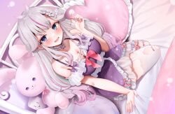 Rule 34 | 1girl, :d, absurdres, bed, blue eyes, breasts, cleavage, commentary request, dress, garter straps, grey hair, hand up, heart, heart-shaped pillow, highres, indie virtual youtuber, kneeling, large breasts, long hair, looking at viewer, multicolored hair, narushima kanna, on bed, open mouth, pillow, pink hair, purple dress, smile, solo, streaked hair, stuffed animal, stuffed rabbit, stuffed toy, thighhighs, tongue, virtual youtuber, white garter straps, white thighhighs, yasou toiki
