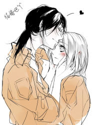 Rule 34 | 2girls, achillesanger, blush, closed eyes, freckles, jacket, kiss, kissing forehead, krista lenz, monochrome, multiple girls, partially colored, ponytail, shingeki no kyojin, sleeves rolled up, spot color, ymir (shingeki no kyojin), yuri