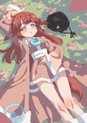 Rule 34 | 1girl, absurdres, ahoge, animal ears, arm up, black hat, black sclera, blue eyes, blush, cherry blossoms, colored sclera, double-parted bangs, haori, hat, heterochromia, highres, japanese clothes, kaling, kimono, long hair, long sleeves, lying, maplestory, mismatched sclera, on back, open mouth, petals, pink haori, pink kimono, red hair, red tail, rune (dualhart), sash, short kimono, solo, tail, unworn hat, unworn headwear, white sash, white trim, wide sleeves, yellow eyes