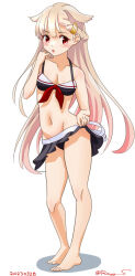 Rule 34 | 1girl, adapted costume, bikini, bikini skirt, black bikini, black ribbon, blonde hair, breasts, cleavage, clothes lift, contrapposto, dated, full body, gradient hair, groin, hair flaps, hair ornament, hair ribbon, hairclip, kantai collection, lifted by self, long hair, looking at viewer, medium breasts, multicolored hair, navel, official alternate costume, one-hour drawing challenge, ray.s, red eyes, ribbon, simple background, skirt, skirt lift, solo, standing, swimsuit, twitter username, white background, yuudachi (kancolle), yuudachi kai ni (kancolle)