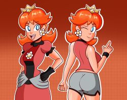Rule 34 | 1girl, alternate color, ass, bare shoulders, blue eyes, breasts, brown hair, crown, dress, earrings, flower earrings, gloves, grin, hand on own hip, highres, jewelry, looking at viewer, mario (series), mario tennis, nintendo, one eye closed, open mouth, princess daisy, red dress, shiny skin, shorts, smile, standing, super mario land, super smash bros., tomboy, wink
