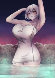 Rule 34 | 1girl, anxient, arm over head, armpits, arms up, artist name, blush, breasts, code vein, collarbone, dusk, highres, io (code vein), large breasts, naked towel, night, night sky, one eye closed, onsen, shirt, short hair, signature, sky, solo, star (sky), starry sky, thighs, towel, water, wet, white shirt, yellow eyes