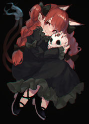 Rule 34 | 1girl, absurdres, animal ears, black background, black bow, black footwear, blunt bangs, bow, braid, cat ears, cat tail, closed mouth, commentary, cross-laced footwear, dress, extra ears, eyebrows hidden by hair, fang, fingernails, flame-tipped tail, frilled dress, frilled sleeves, frills, full body, green bow, green dress, hair bow, highres, juliet sleeves, kaenbyou rin, kani nyan, long fingernails, long hair, long sleeves, looking at viewer, multiple tails, nail polish, nekomata, hugging object, pointy ears, puffy sleeves, red eyes, red hair, red nails, shoes, simple background, skin fang, skull, smile, solo, tail, touhou, twin braids, two tails
