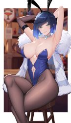 Rule 34 | 1girl, absurdres, animal ears, armpits, arms behind head, arms up, bar (place), bar stool, bare arms, bare shoulders, black gloves, black pantyhose, blue hair, blue leotard, blunt bangs, bottle, breasts, choker, cleavage, clothing cutout, collarbone, crossed legs, diamond earrings, earrings, elbow gloves, fur-trimmed jacket, fur trim, genshin impact, gloves, green eyes, highres, indoors, jacket, jewelry, large breasts, leotard, looking at viewer, mole, mole on breast, navel, navel cutout, pantyhose, pendant, playboy bunny, rabbit ears, short hair, single elbow glove, sitting, solo, stool, ultra-13, white jacket, yelan (genshin impact)