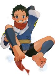 Rule 34 | 1boy, arm behind head, barefoot, bike shorts, black hair, black shirt, blue jacket, blush, breath, commentary request, creatures (company), full body, game freak, grey eyes, grin, highres, jacket, leg hold, logo, looking at viewer, male focus, nintendo, pokemon, pokemon legends: arceus, red scarf, rei (pokemon), scarf, shirt, short hair, smile, soles, solo, spiked hair, sweat, teeth, toenails, toes, transparent background, yaowu