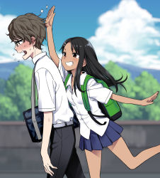 Rule 34 | 1boy, 1girl, 774 (nanashi), :d, backpack, bag, belt, black hair, black pants, blue skirt, blue sky, blurry, blurry background, blush, breasts, brown eyes, brown hair, cloud, cloudy sky, commentary request, day, dress shirt, from side, glasses, hachiouji naoto, hair ornament, hairclip, hand up, heavy breathing, ijiranaide nagatoro-san, long hair, medium breasts, nagatoro hayase, official art, open mouth, outdoors, pants, pleated skirt, profile, shirt, short sleeves, shoulder bag, skirt, sky, smile, standing, standing on one leg, sweat, tan, walking, wavy mouth, white shirt