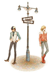 Rule 34 | 10s, 2boys, bad id, bad pixiv id, barnaby brooks jr., belt, blonde hair, boots, bracelet, brown hair, cabbie hat, facial hair, hands in pockets, hat, jacket, jewelry, kaburagi t. kotetsu, lamppost, male focus, morito613, multiple boys, necktie, red jacket, sign, stubble, tiger &amp; bunny, vest, watch, white background, wristwatch