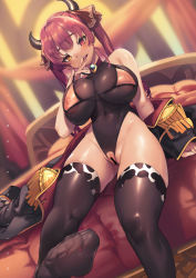 Rule 34 | 1girl, :d, bikini, black thighhighs, blush, bra, breasts, censored, cleavage, coat, crotchless, crotchless leotard, cupless bra, epaulettes, hair between eyes, heterochromia, highres, hololive, houshou marine, large areolae, large breasts, leotard, narrow waist, navel, nipples, off shoulder, open mouth, purple hair, pussy, red eyes, see-through, see-through cleavage, smile, solo, swimsuit, tamada heijun, thighhighs, twintails, underwear, virtual youtuber, yellow eyes