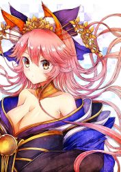 Rule 34 | 1girl, animal ear fluff, animal ears, bare shoulders, bell, blue kimono, blue ribbon, breasts, cleavage, collarbone, crown, fate/grand order, fate (series), fox ears, fox girl, hair ornament, hair ribbon, highres, japanese clothes, kimono, large breasts, long hair, looking at viewer, off shoulder, official alternate costume, pink hair, ribbon, soda (sodachuxd), solo, tamamo (fate), tamamo no mae (fate/extra), tamamo no mae (third ascension) (fate), very long hair, yellow eyes