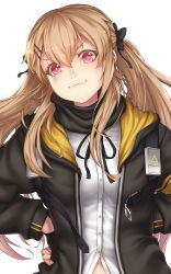 Rule 34 | 1girl, :3, black bow, black ribbon, black scarf, bow, brown hair, buckle, buttons, fingerless gloves, girls&#039; frontline, gloves, hair between eyes, hair bow, hair ornament, hairclip, hand in pocket, hand on own hip, head tilt, highres, hood, hood down, hooded jacket, jacket, long hair, looking at viewer, midriff peek, neck ribbon, red eyes, ribbon, ryu un, scar, scar across eye, scar on face, scarf, shirt, sidelocks, simple background, smile, solo, strap, twintails, ump9 (girls&#039; frontline), white background, white shirt
