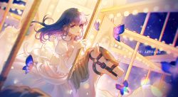 Rule 34 | 1girl, breasts, bug, butterfly, carousel, cleavage, collarbone, dress, elbow gloves, fate/stay night, fate (series), floating hair, gloves, highres, insect, level02, long hair, matou sakura, medium breasts, parted lips, purple eyes, purple hair, short sleeves, solo, straight hair, white dress, white gloves