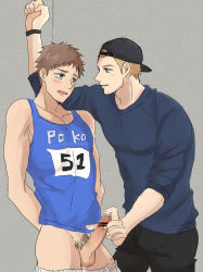 Rule 34 | 2boys, against wall, blush, censored, erection, hat, male focus, multiple boys, penis, pokkor0123, sportswear, tagme, testicles, undressing, yaoi