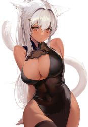Rule 34 | 1girl, absurdres, animal ears, arms behind back, warrior of light (ff14), bare shoulders, black dress, black thighhighs, breasts, cat ears, cat girl, cat tail, cleavage, cleavage cutout, clothing cutout, cyobiro, dark-skinned female, dark skin, dress, ear piercing, earrings, final fantasy, final fantasy xiv, hair ornament, halter dress, halterneck, highres, jewelry, large breasts, long hair, miqo&#039;te, navel, piercing, red eyes, revealing clothes, side slit, skindentation, solo, sweat, sweatdrop, tail, tan, thick thighs, thighhighs, thighs, white background, white hair