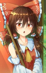 Rule 34 | 1girl, blush, bow, breasts, broom, brown eyes, brown hair, collar, collarbone, commentary request, detached sleeves, eyelashes, frilled bow, frilled collar, frilled hair tubes, frills, hair between eyes, hair bow, hair tubes, hakurei reimu, highres, japanese clothes, looking at viewer, miko, neckerchief, open mouth, outdoors, own hands together, red bow, red shirt, ribbon-trimmed sleeves, ribbon trim, shirt, sidelocks, small breasts, solo, sparkle, straight hair, touhou, white collar, white sleeves, wide sleeves, yellow neckerchief, yosshy